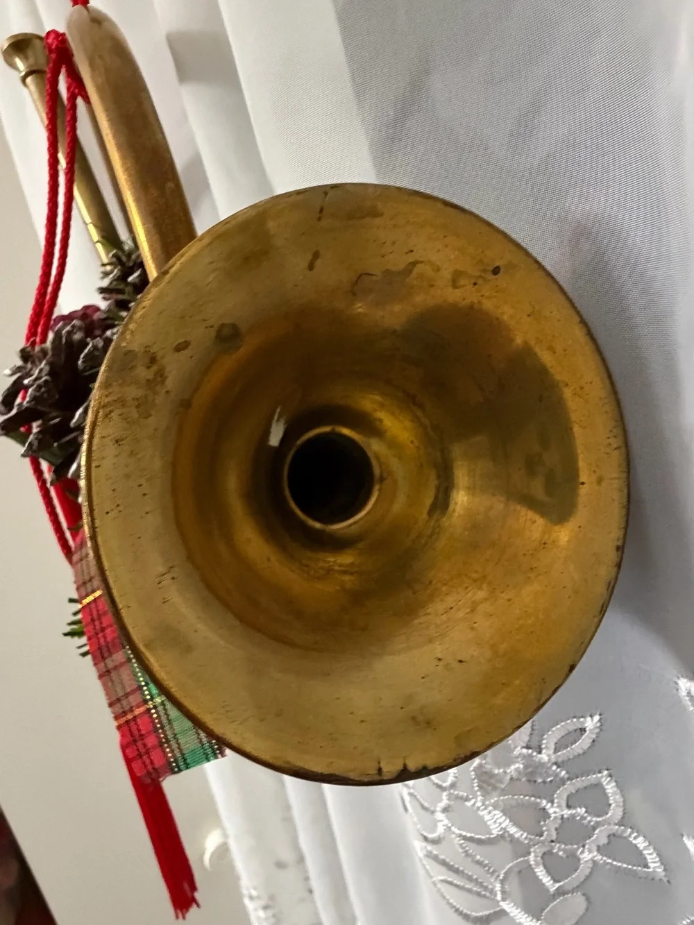 Holiday Brass Horn Ornament with Pinecone and Red Tassel